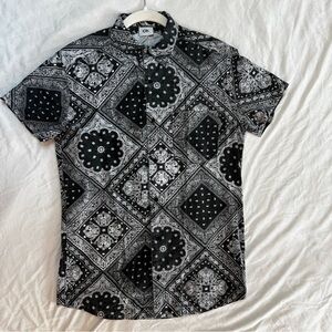 Chapter Short Sleeve Button Up, Small, Black and White, Abstract Print
